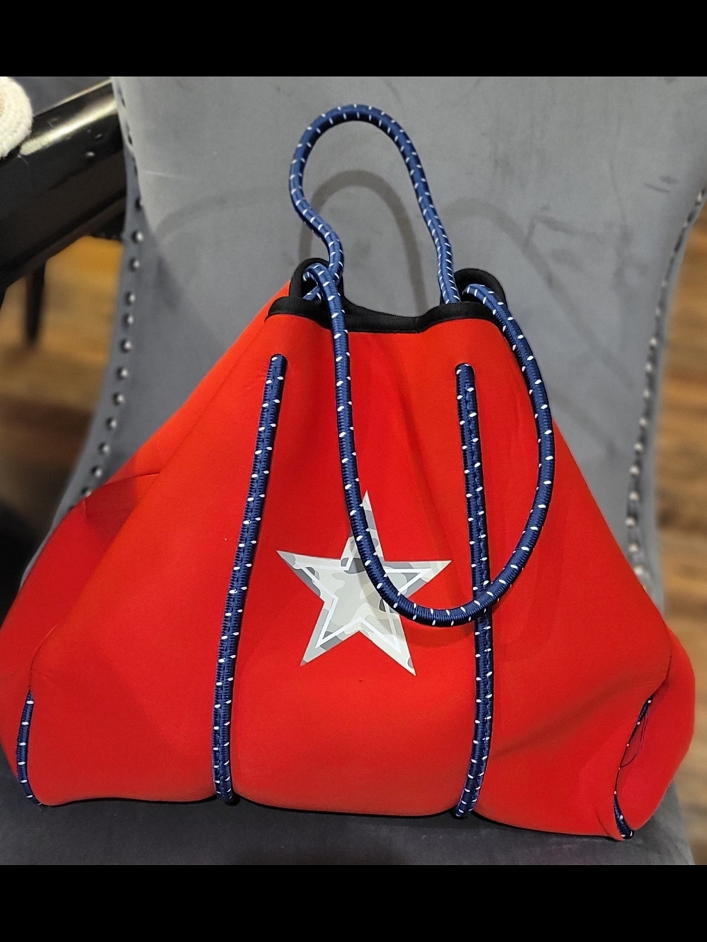 Red Star Accent Tote with Navy Rope Handles